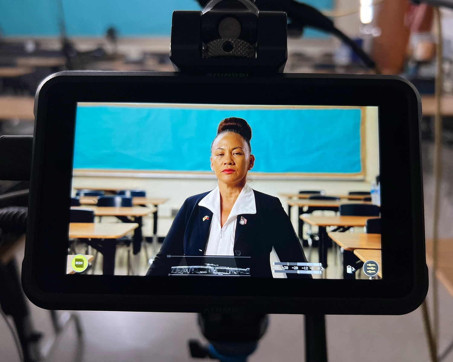 Professional woman being recorded in corporate setting