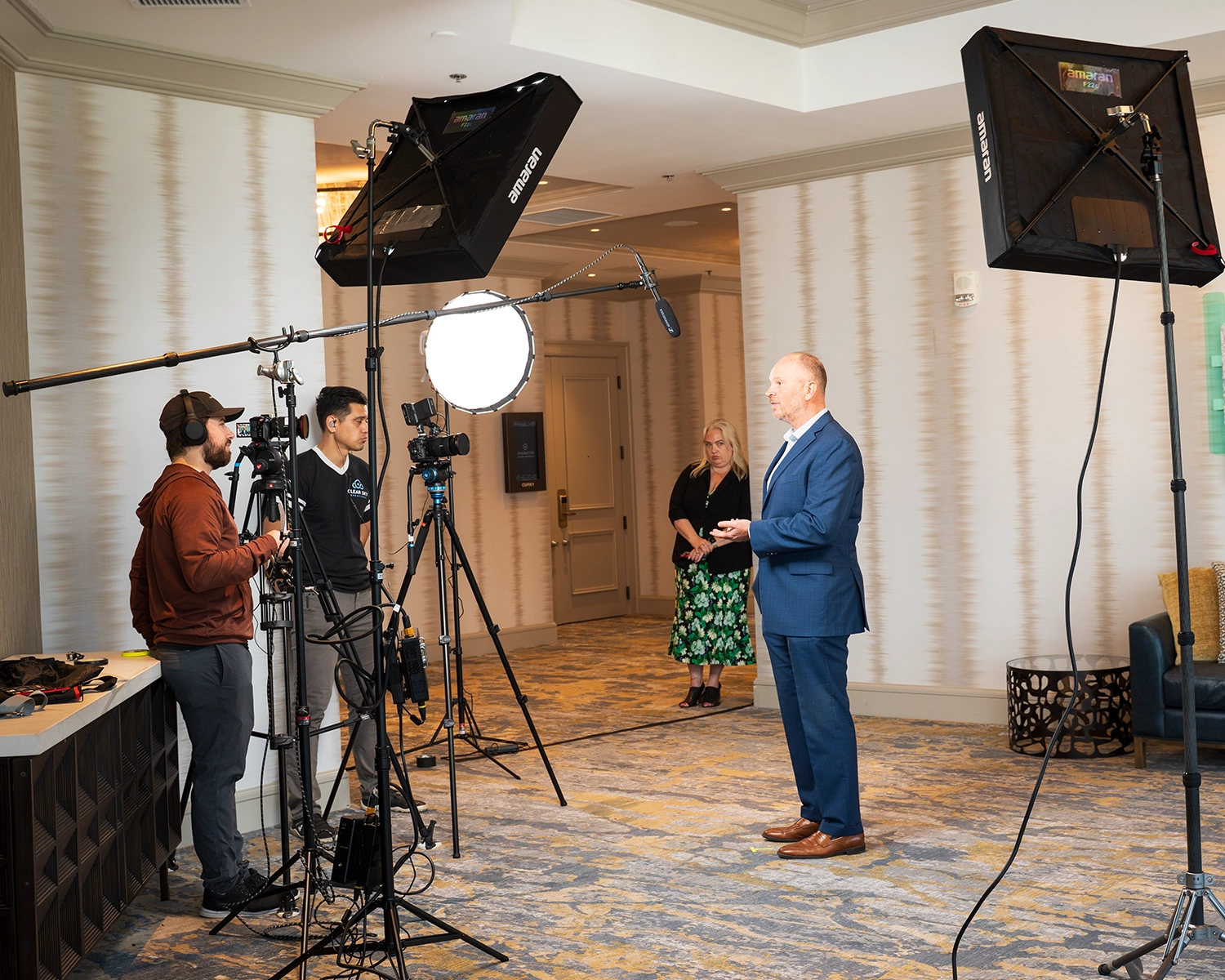 Corporate video production setup with professional lighting