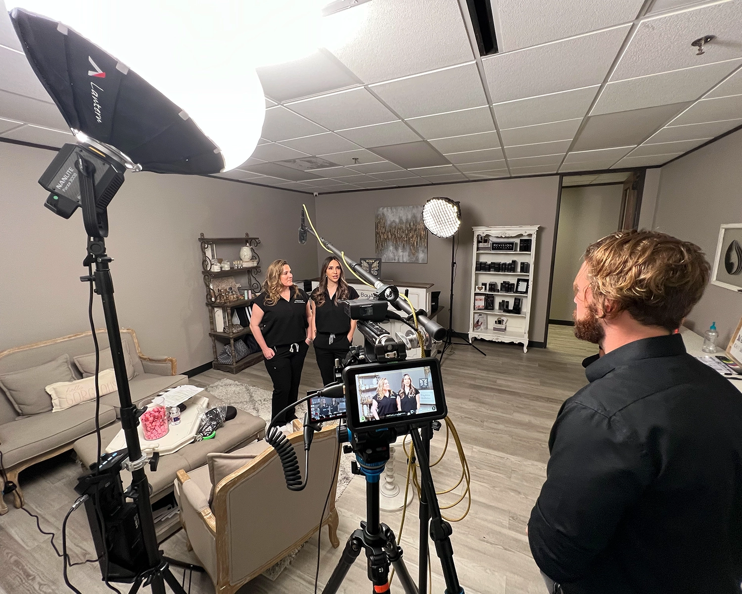 Video production with business owners in studio